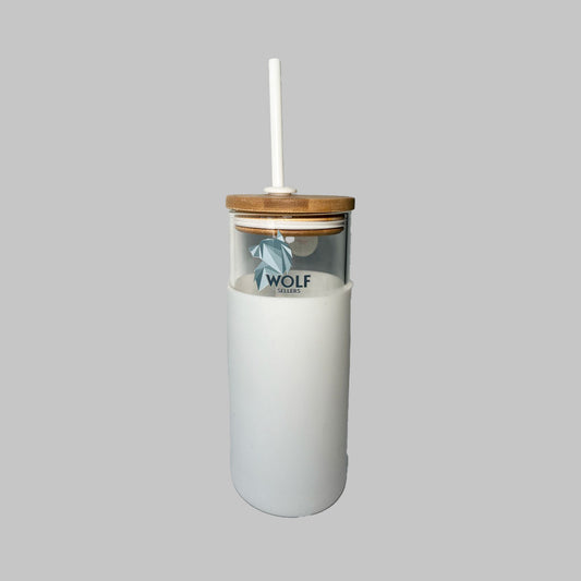 Vaso de Vidrio con Tapa de Bambú "Wolf Sellers" – Sencillez Natural, Estilo Salvaje B